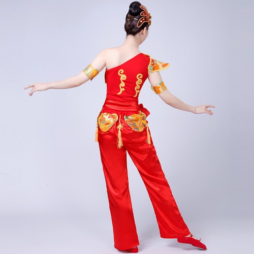 Women's chinese folk dance costumes dragon gold red traditional ancient dragon drummer performance cosplay dresse